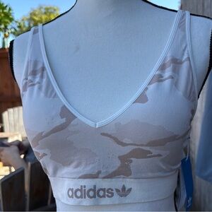 NWT Woman’s Large Adidas Bralette Nude Camo Sports Bra Modern Flex Spell Out